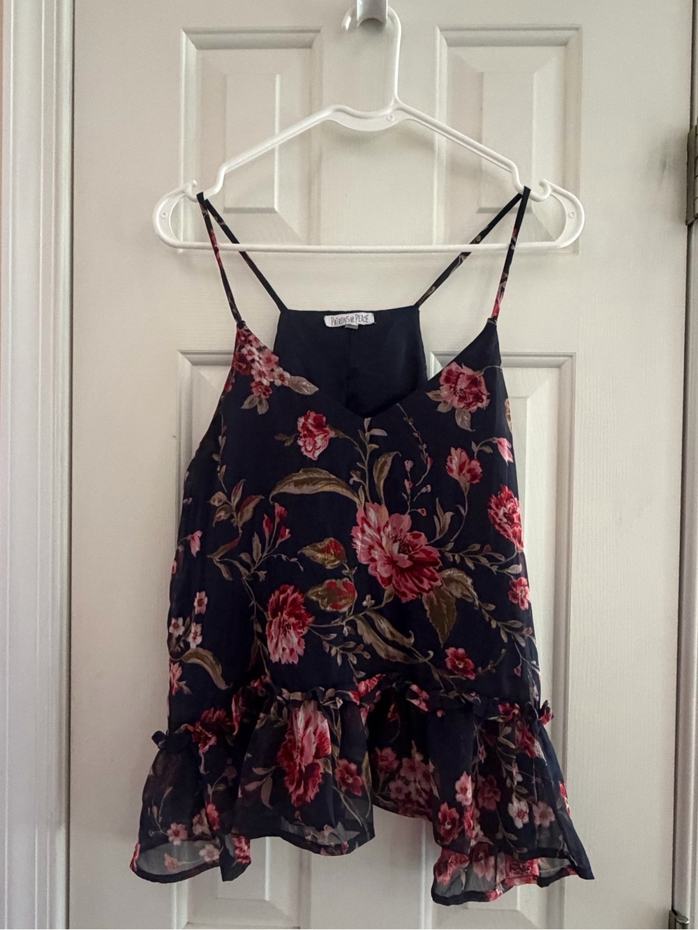 Patrons of Peace Black Floral Ruffle-Hem Camisole with Pink Blooms